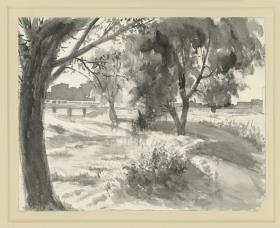 Landschaft mit Bach, Laubbäumen und Brücke, im Hintergrund Gebäude