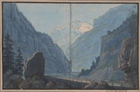 Herrmann und Thusnelda. Schauspiel von August von Kotzebue. Entwurf zur 5. Dekoration. Gebirgsstraße