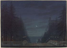 Ariodan. Oper von Etienne Nicolas Méhul. Entwurf zur 2. Dekoration. Garten bei Edgars Palast
