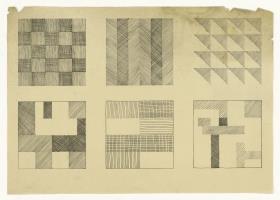 Komposition von sechs Quadratenmit Linienmuster (Kompositionsstudien, ornamental)