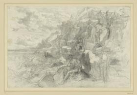Felsige Meeresküste, im Vordergrund Odysseus und Calypso