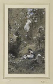 Bäume und Wiese, vorn eine weibliche Figur lagernd, im Hintergrund hohe Felswände