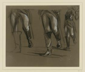 Modellstudie zu General Seydlitz. Unterkörper in Reiterstiefeln, rechts kleine ganze Figur ohne Kopf. Modellstudie zu "Das Treffen Friedrich II. und Joseph II. in Neisse"