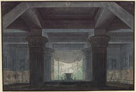 Die Zauberflöte. Oper von Wolfgang Amadeus Mozart. Entwurf zur  3. Dekoration. Halle in Sarastros Burg