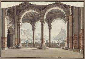 Agnes von Hohenstaufen. Oper von Gaspare Spontini. Entwurf zur 2. Dekoration. Offene Halle