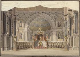 Agnes von Hohenstaufen. Oper von Gaspare Spontini. Entwurf zur 1. Dekoration. Kaisersaal