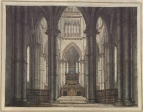 Axel und Walburg. Trauerspiel von Adam Oehlenschläger. Entwurf zu einer Dekoration. Inneres einer Gruftkirche