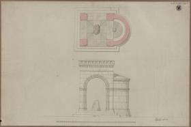 Lützen. Entwurf zu einem Denkmal für König Gustav II. Adolf von Schweden in Form einer romanischen Halle über dem Schwedenstein mit angefügter Apsis. Grundriss und Aufriss