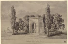 Lützen. Entwurf zu einem Denkmal für König Gustav II. Adolf von Schweden in Form einer romanischen Halle über dem Schwedenstein mit angefügter Apsis. Ansicht