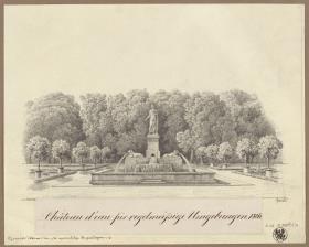 Entwurf für einen Parkbrunnen mit Standfigur und liegendem Löwenpaar
