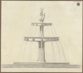 Entwurf für einen zweischaligen gusseisernen Brunnen mit Säulenschaft, Delphinbekrönung und Löwenköpfen