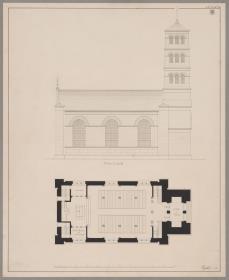 Flatow. Entwurf zur Dorfkirche. Aufriss der Längsseite und Grundriss