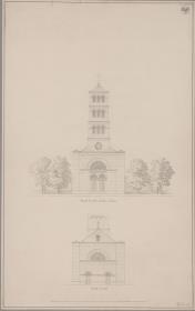 Flatow. Entwurf zur Dorfkirche. Ansicht der Hauptseite und der Rückseite