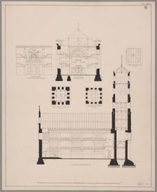 Flatow. Entwurf zur Dorfkirche. Längsschnitt, Querschnitte, Grundrisse des Turms und Balkenlage im Turm