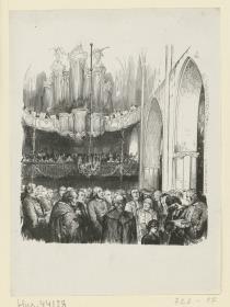 Dankgottesdienst in der Charlottenburger Schlosskapelle nach der Beendigung des Siebenjährigen Krieges, Ill. aus: Franz Kugler. Geschichte Friedrichs des Grossen. leipzig 1840.