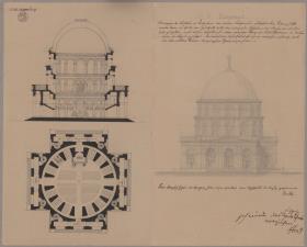 Potsdam. Nikolaikirche. Entwurf im Sechzehneck. Grundriss, Schnitt und Ansicht