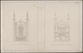 Berlin, Oranienburger Vorstadt. Entwurf zu einer Kirche (Vorstadtkirche Typ 3, "Kirche mit vier Türmen"). Fassadenaufriss und Querschnitt