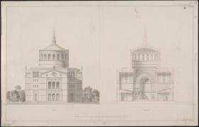 Berlin, Oranienburger Vorstadt. Entwurf zu einer Kirche (Vorstadtkirche Typ 5, "Kirche in Kreuzform"). Ansicht und Querschnitt
