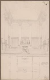 Berlin. Dom am Lustgarten. Umbauentwurf des Innenraums. Grundriss und Ansicht der Altar- und Orgelseite