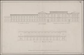 Berlin. Akademiegebäude Unter den Linden. Aufriss der Seitenfassade und Längsschnitt