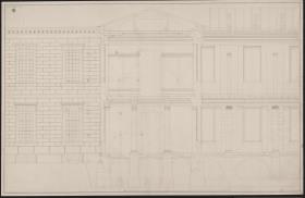 Berlin. Akademiegebäude Unter den Linden. Teilaufriss der Fassade, Teillängsschnittdetail und Querschnitt