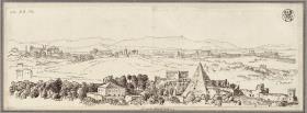 Blick vom Monte Testaccio in Rom nach Osten, im Vordergrund die Cestiuspyramide und die Porta San Paolo