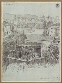 Blick von einem Standort südlich des Vestatempels auf Tivoli mit dem Wasserfall des Anio (Aniene)
