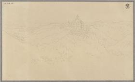 Gebirgslandschaft mit Schloss / Schloss Fürstenstein in Schlesien