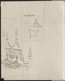 Oxford. Innenansicht einer Kirche & Skizze eines polygonalen Turms & Skizze eines Kandelabers mit Grundriss