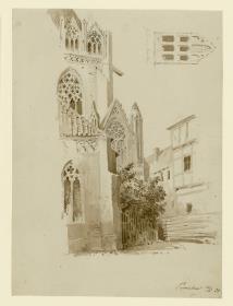 Prenzlau, Marienkirche  Ansicht von Südwesten, Aufriss eines Hauses am Markt