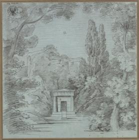 Orpheus und Euredice. Oper von Christoph Willibald Gluck. Entwurf zur 1. Dekoration (?). Entwurf zu einem Mausoleum an einem Felsen