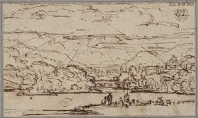 Berglandschaft mit einer Stadt und einem Fluss
