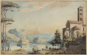 Dekoration zum allgemeinen Gebrauch. Landschaft mit See und Kirche