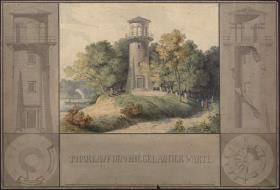 Schloss Owinsk (Owińska), ehemals Kreis und Regierungsbezirk Posen (Województwo Wielkopolskie). Entwurf zum Leuchtturm für den Park