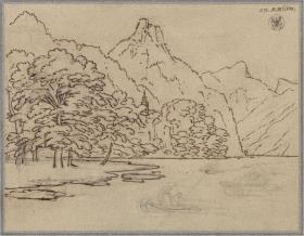 Gebirgslandschaft mit See, wohl der Traunsee mit dem Kleinen Sonnstein