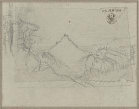 Landschaft mit Berg und Wasserfall / Studie zu dem Gemälde "Der Abend"