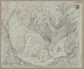 Undine. Oper von E. T. A. Hoffmann. Vorstudie zum Entwurf zur  2. Dekoration. Wald mit Wasserfall