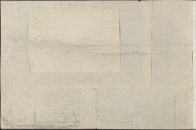 Eine Küstenlandschaft mit Gebirge und einer Burg oder einer Stadt & Eine Waldlandschaft mit einem Säulenmonument an einem Bach oder einem Weg & Eine geometrische Konstruktion