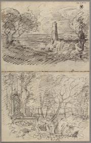 Eine Küstenlandschaft mit einem Leuchtturm & Eine Waldlandschaft mit einer architektonisch gefassten Quelle und einem Wasserfall