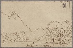 Gebirgslandschaft mit See, wohl der Traunsee mit dem Kleinen Sonnstein
