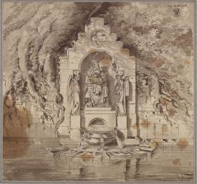 Architektonische Fassung einer Quelle mit einer Madonnen- und zwei Engelsstatuen