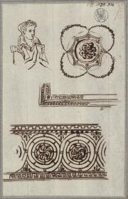 Dekorationen, Fries, Rahmung und Rosette & Brustbildnis einer betenden Frau in historischem Kostüm