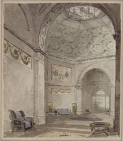 Blick in einen kreuzförmigen überkuppelten Saal in Anlehnung an den Salone der Villa Rotonda von Andrea Palladio