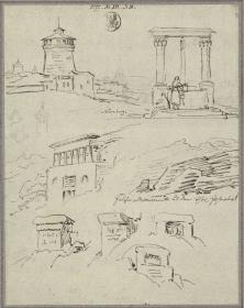 Ansicht des Frauentorturms in Nürnberg &  Frauen an einem Brunnen & Monumente im Tal Josaphat bei Jerusalem
