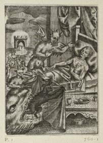 Ars Moriendi, Blatt 1 - Erste Versuchung des Dämons gegen die Zuversicht auf ein langes Leben