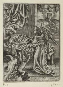 Ars Moriendi, Blatt 2 - Trost des guten Engels gegen die erste Versuchung