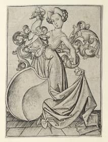 Dame mit Helm und leerem Wappenschild