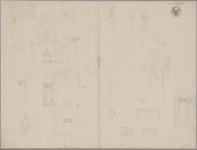 Stiftskirche zu Heiligenkreuz im Wienerwald. Fassadenaufriss, Schnitte und verschiedene Studien