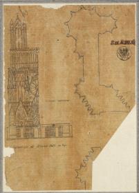 Kathedrale von Reims. Teilaufriss der Westfassade und Grundriss