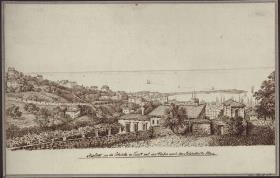 "Aussicht von der Zitadelle von Triest auf den Hafen und das Adriatische Meer"